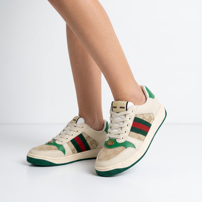Gucci beige low-top sneakers with green-red web and monogram panels