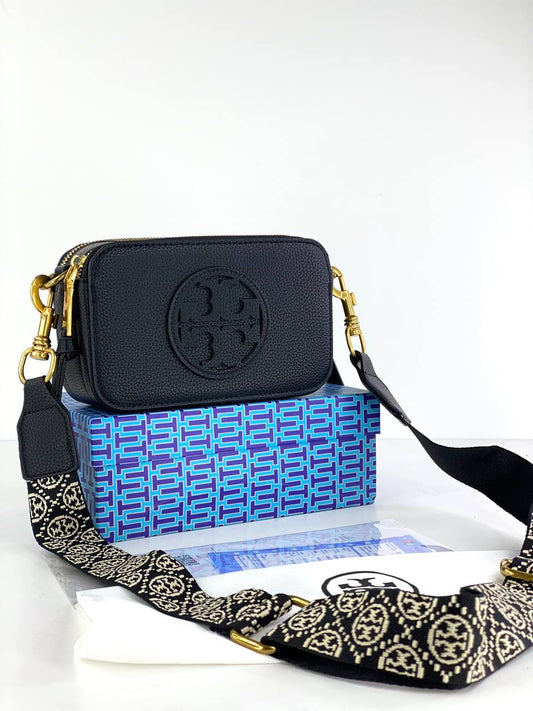 Tory Burch Camera Bag with Embossed Logo and Patterned Strap