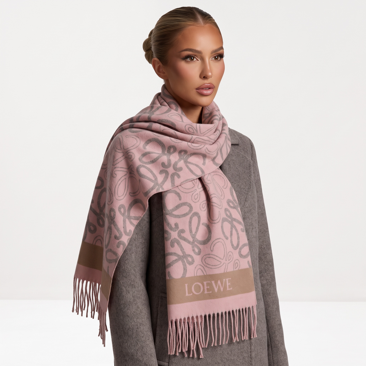 👜 LOEWE Luxury Monogram Scarf – Soft Pink Elegance 💕✨