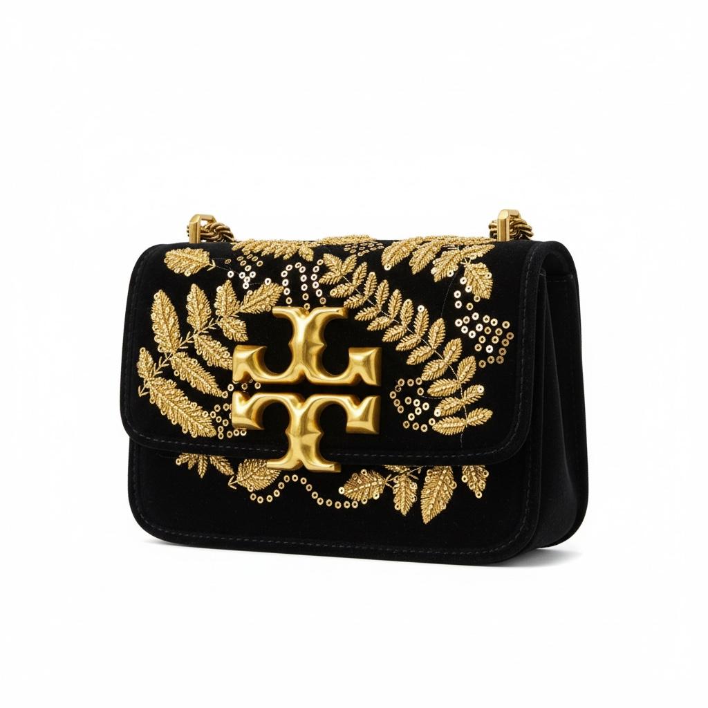 Tory Burch Embroidered Velvet Shoulder Bag – Black & Gold ✨🖤