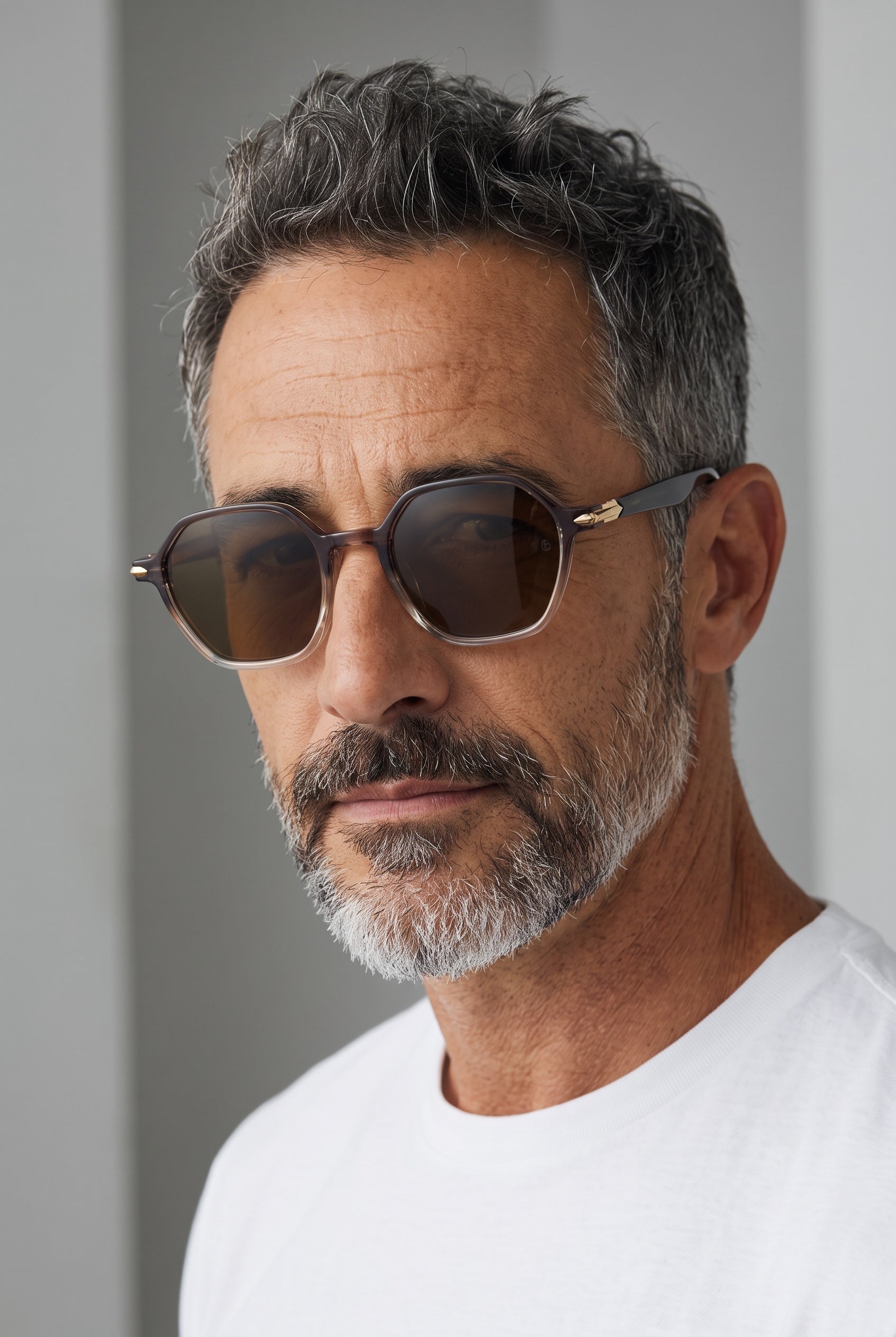 Men's Persol-style brown hexagonal sunglasses with gold hinge detail