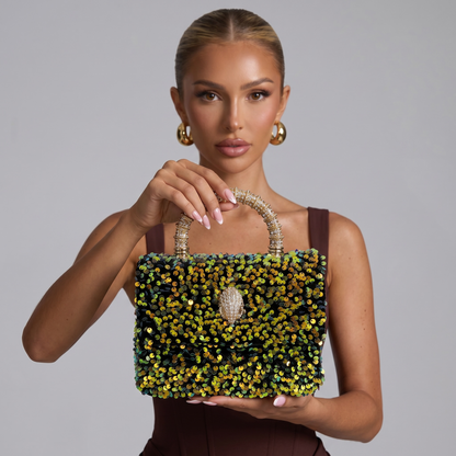 ✨ Kurt Geiger Crystal Eagle Sequin Top Handle Bag – Gold Sparkle Edition ✨