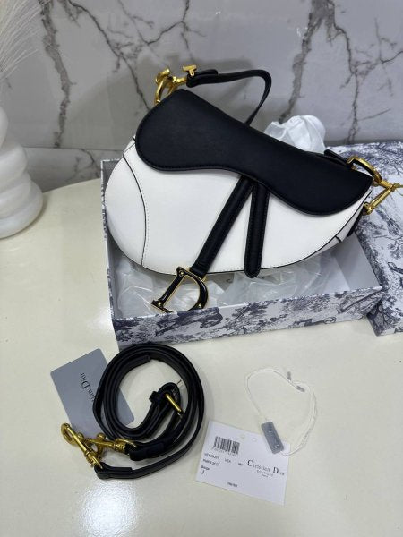 Dior Saddle Bag in White and Black Leather with Gold Hardware