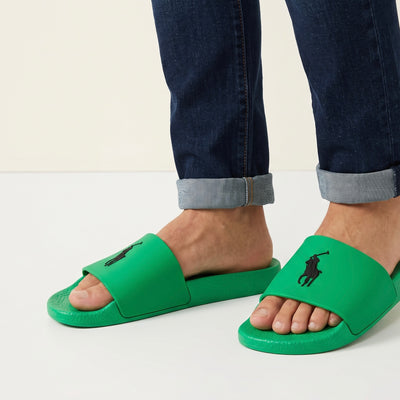 Green Polo Ralph Lauren single‑strap slides with black pony logo