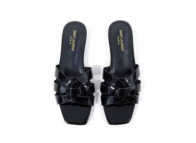 SAINT LAURENT Interlaced Patent Slides 🖤✨ | Glossy Statement Flats