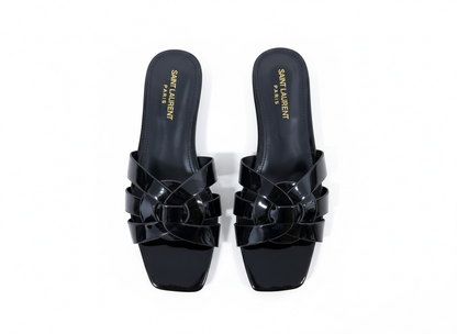 SAINT LAURENT Interlaced Patent Slides 🖤✨ | Glossy Statement Flats