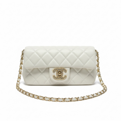 🤍 Chanel White Quilted Pearl CC Flap Bag – Classic Chain Shoulder Bag