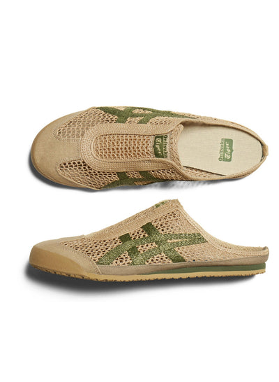Onitsuka Tiger tan open-weave slip-on mule with green stripes