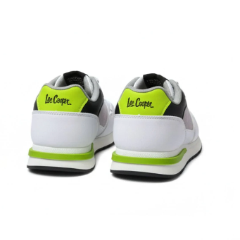 Lee Cooper white sneaker with neon green and black accents shown from side, top, back and sole