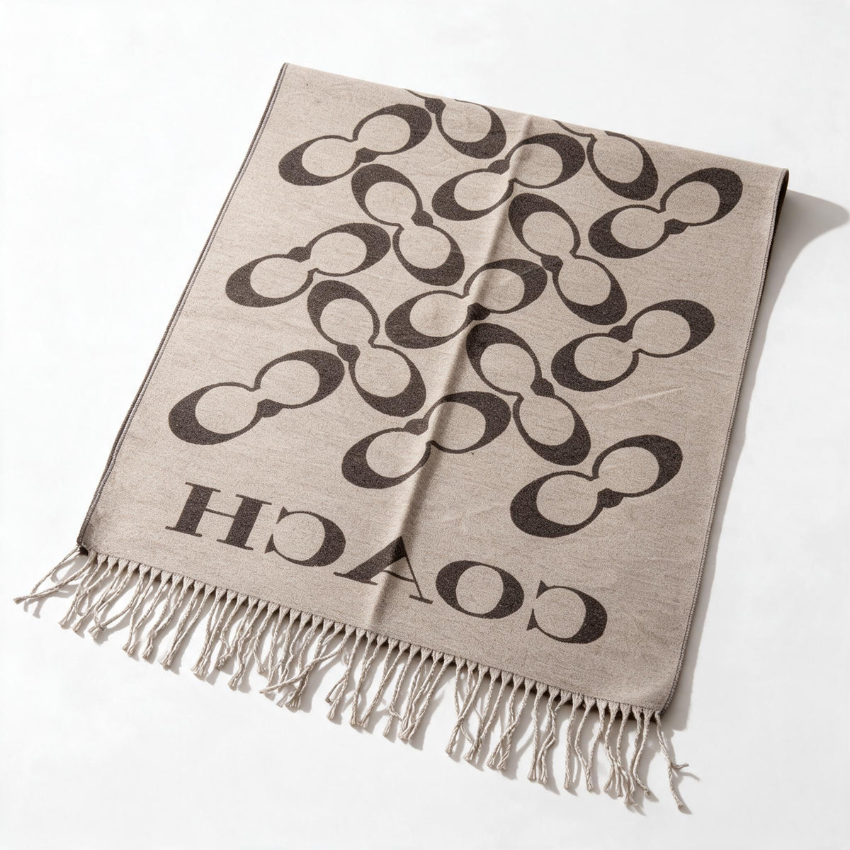 Coach rectangular scarf with all-over C motif, large COACH logo and fringed ends in charcoal and beige