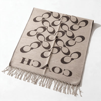 Coach rectangular scarf with all-over C motif, large COACH logo and fringed ends in charcoal and beige