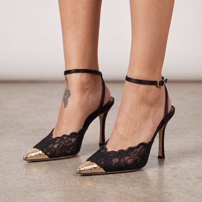 Jimmy Choo black lace slingback pumps with gold toe cap and ankle strap