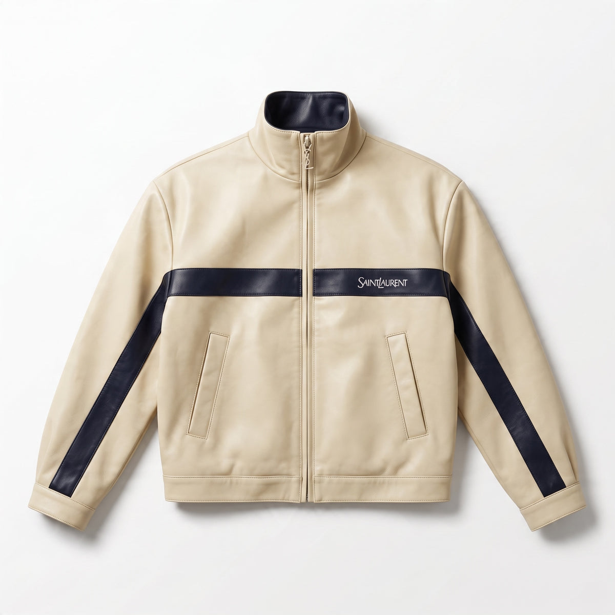 Saint Laurent Leather Jacket – Beige Navy 🧥