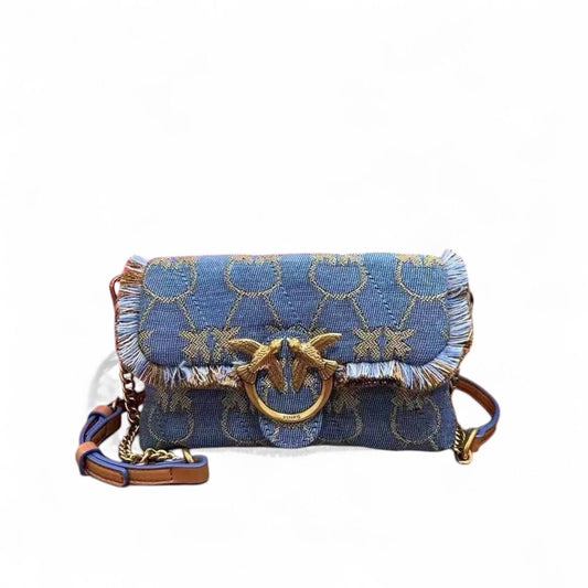 Pinko Frayed Denim Handbag with Gold Love Birds Detail