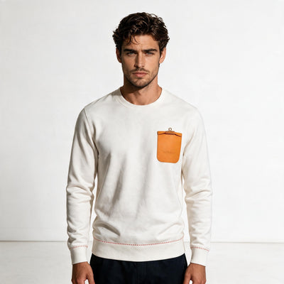 Ivory Hermès crewneck sweatshirt with orange pocket and gold clip