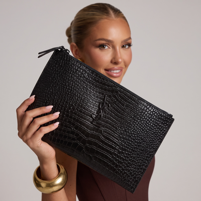 ✨ Saint Laurent Croc-Embossed Leather Pouch – Black