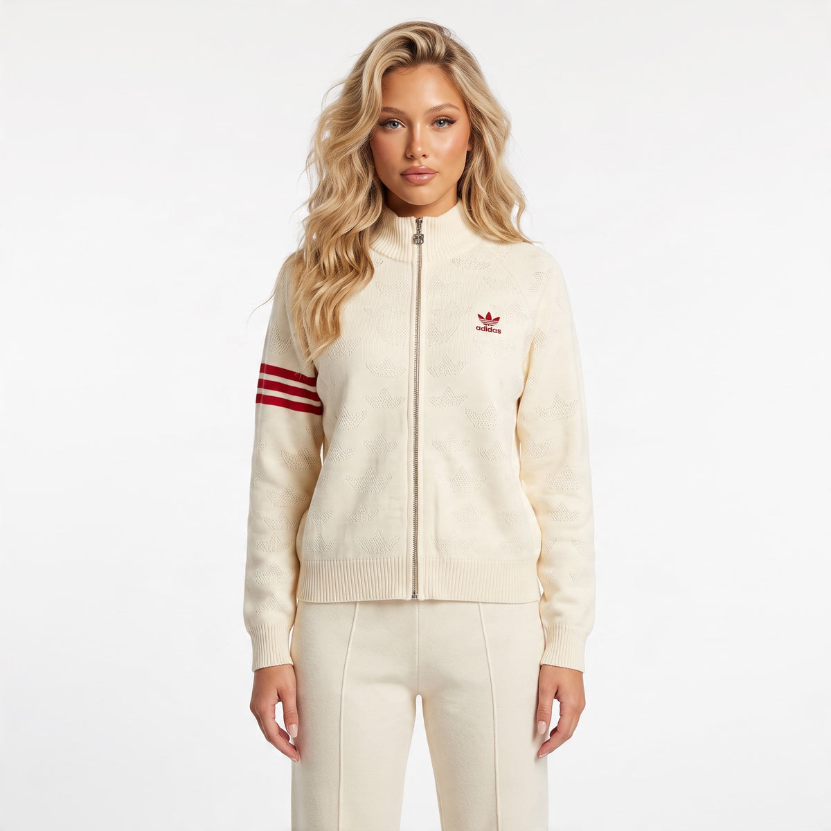 Cream Adidas full-zip track jacket with red trefoil logo and red sleeve stripes