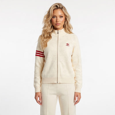 Cream Adidas full-zip track jacket with red trefoil logo and red sleeve stripes