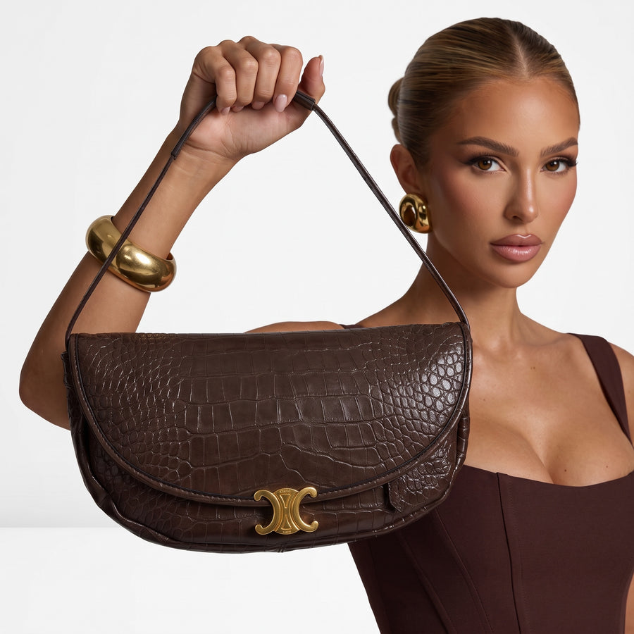Celine Croc Triomphe Little Halfmoon Bag — Brown