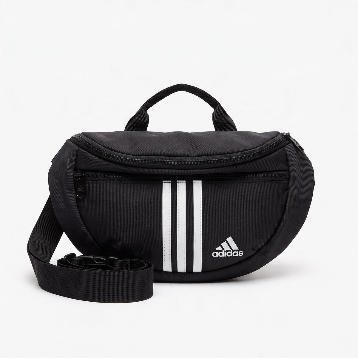 Black Adidas sling bag with white three stripes and adjustable strap