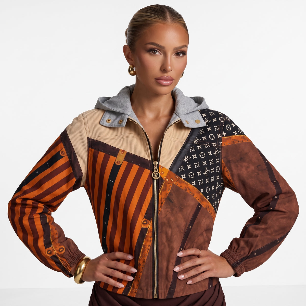 Louis Vuitton patchwork bomber jacket with orange stripes and monogram panels, zip front and grey hood