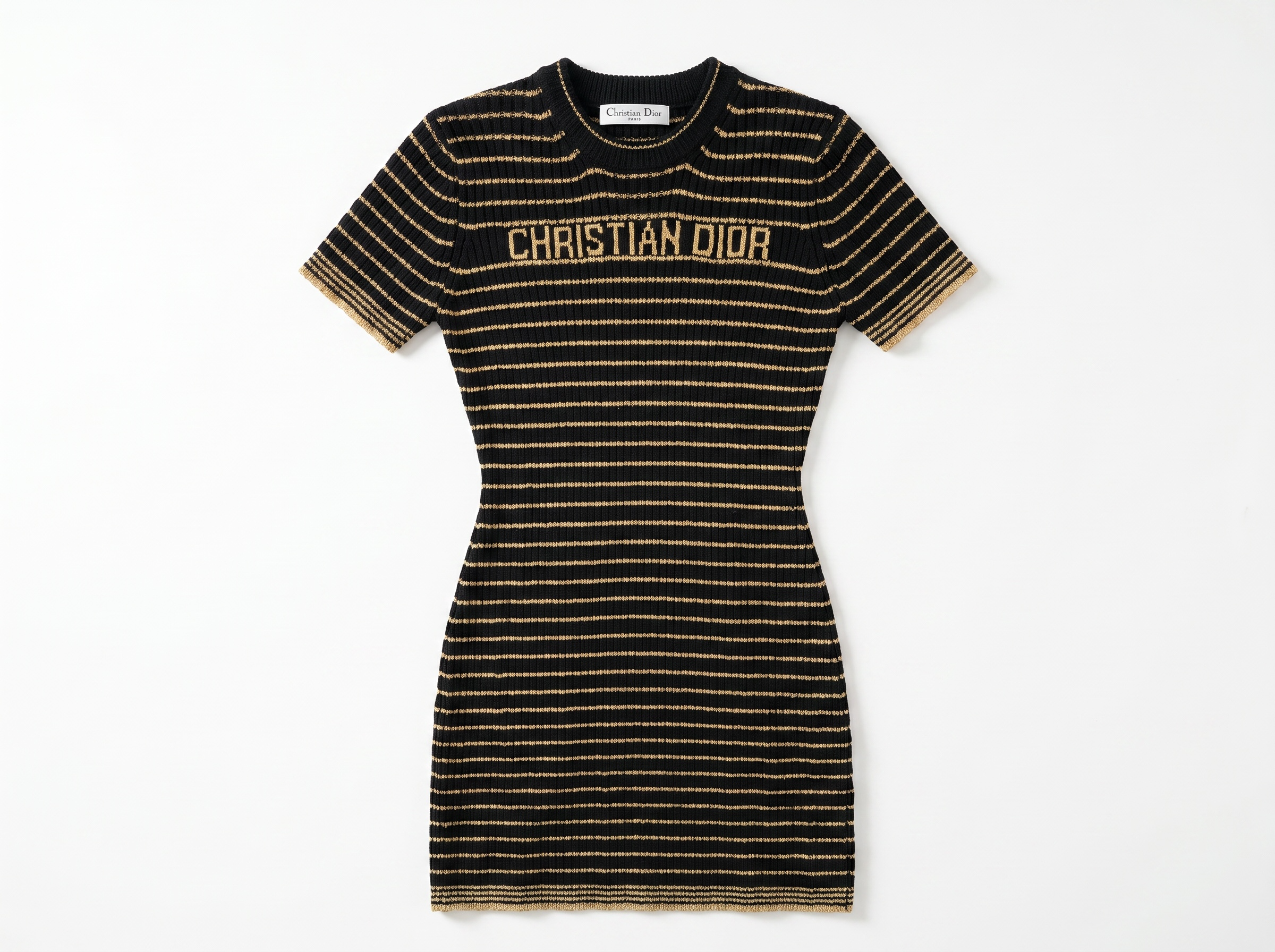 ✨ Christian Dior Black & Gold Striped Knit Mini Dress