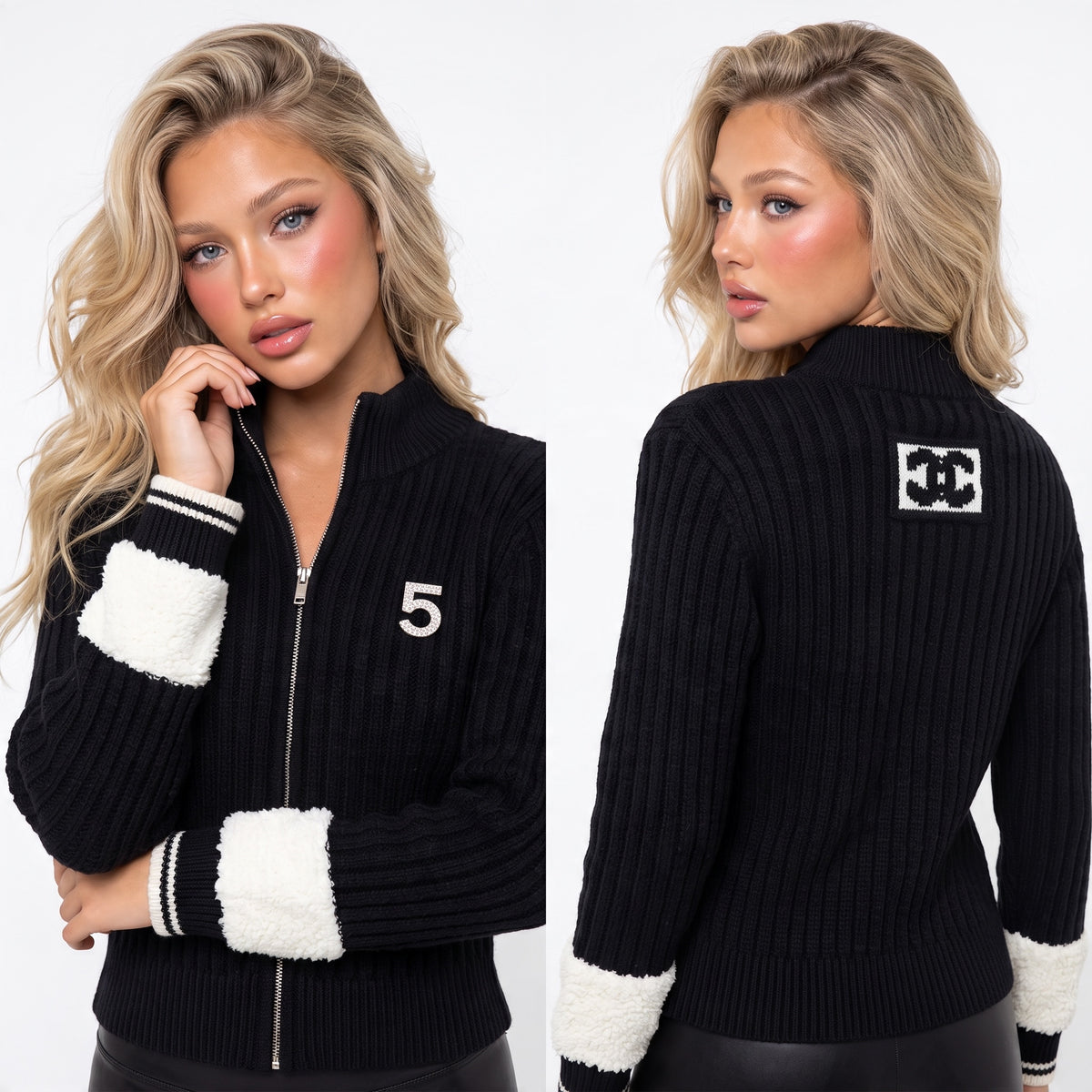 Black ribbed Chanel zip cardigan with white contrast cuffs, embellished 5 patch and logo square on back