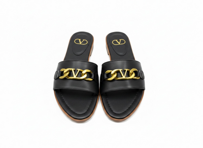 Valentino VLogo Black Slide Sandals 🖤✨ Gold Chain Edition