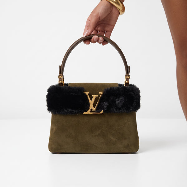 Louis Vuitton – Olive Suede Fur Top-Handle 👜✨