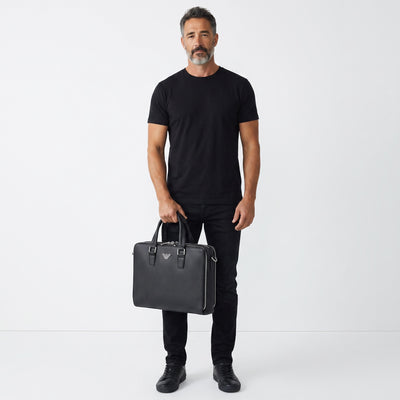 Emporio Armani black pebbled briefcase with metal logo and zippers