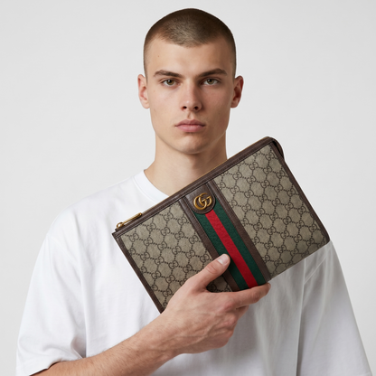 Gucci Beige GG Supreme Web Stripe Clutch 🤎💚❤️✨💼🔥