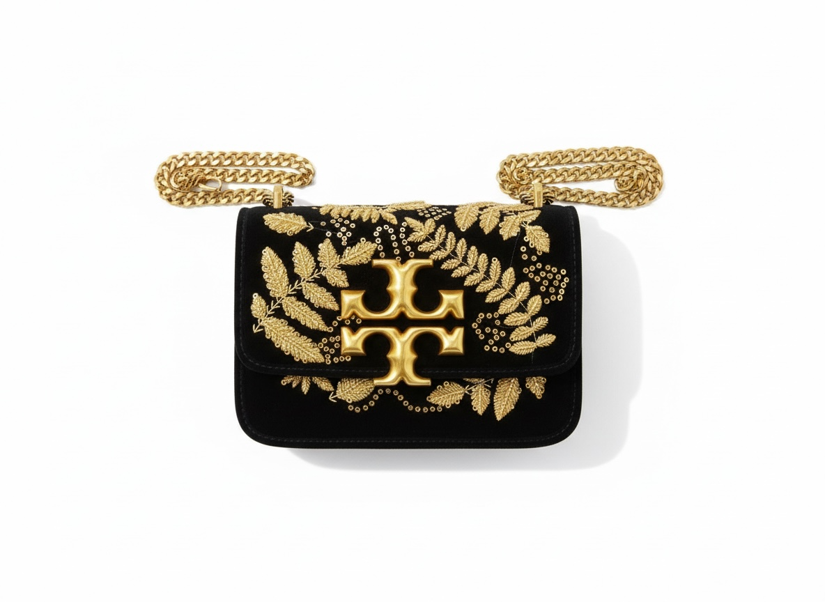 Tory Burch Embroidered Velvet Shoulder Bag – Black & Gold ✨🖤