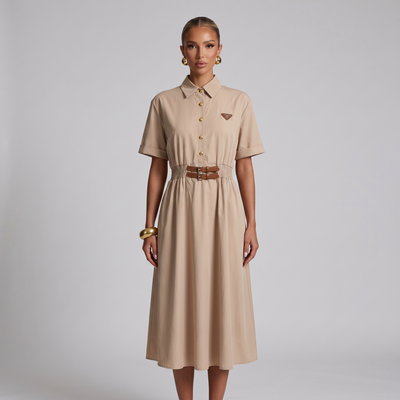🤍 Prada Belted Shirt Midi Dress – Beige one size