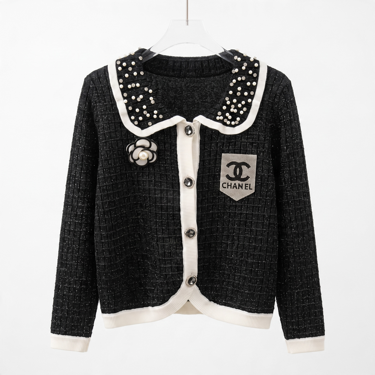 Chanel Cardigan – Black Pearl-Trim Floral