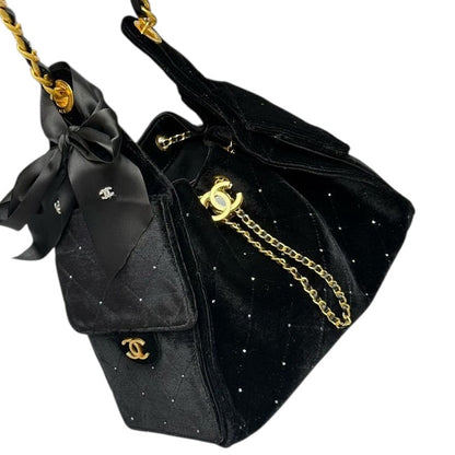 Chanel Velvet Crystal Quilted Shoulder Bag – Black & Gold ✨🖤