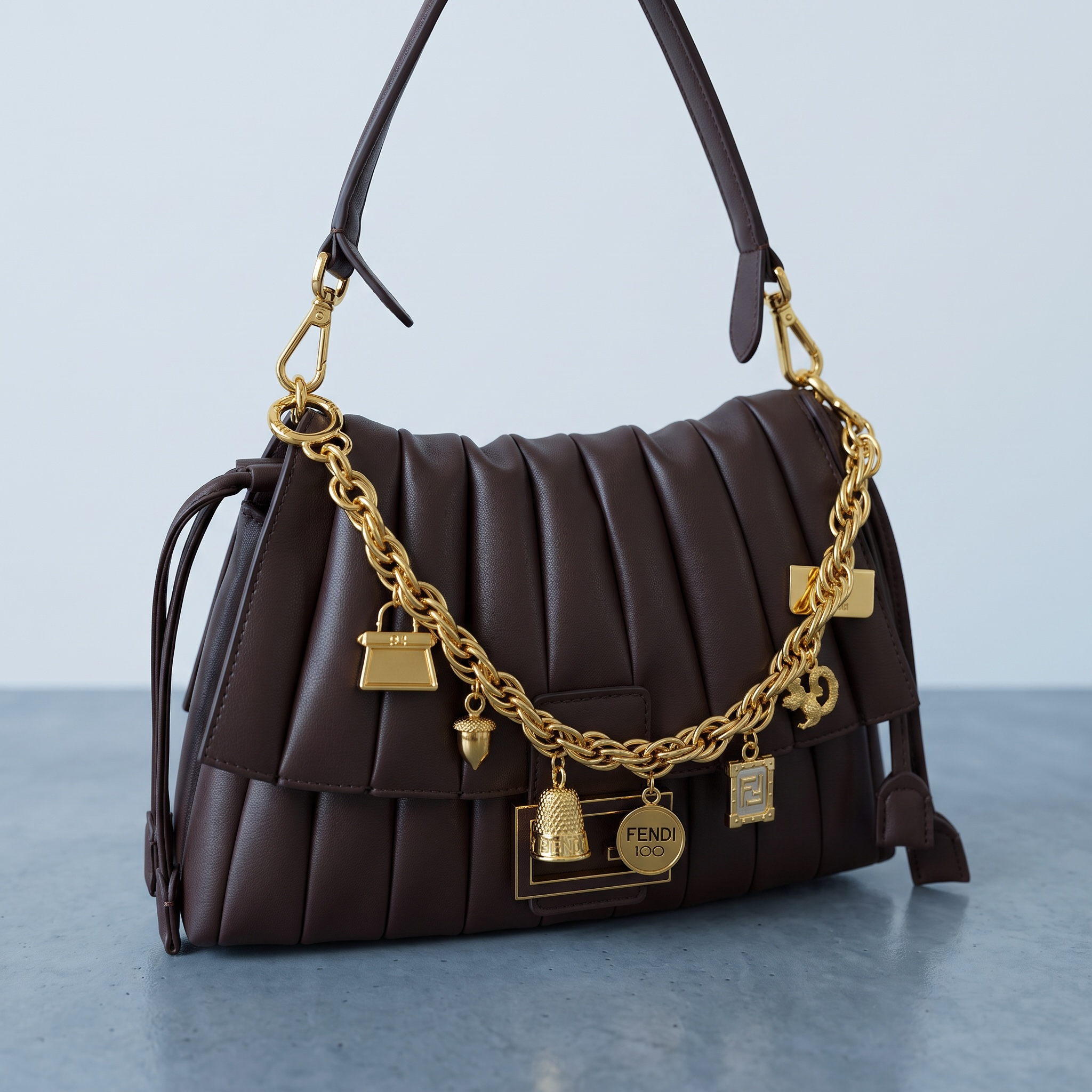 Fendi Pleated Shoulder Bag – Brown Gold Chain 👜