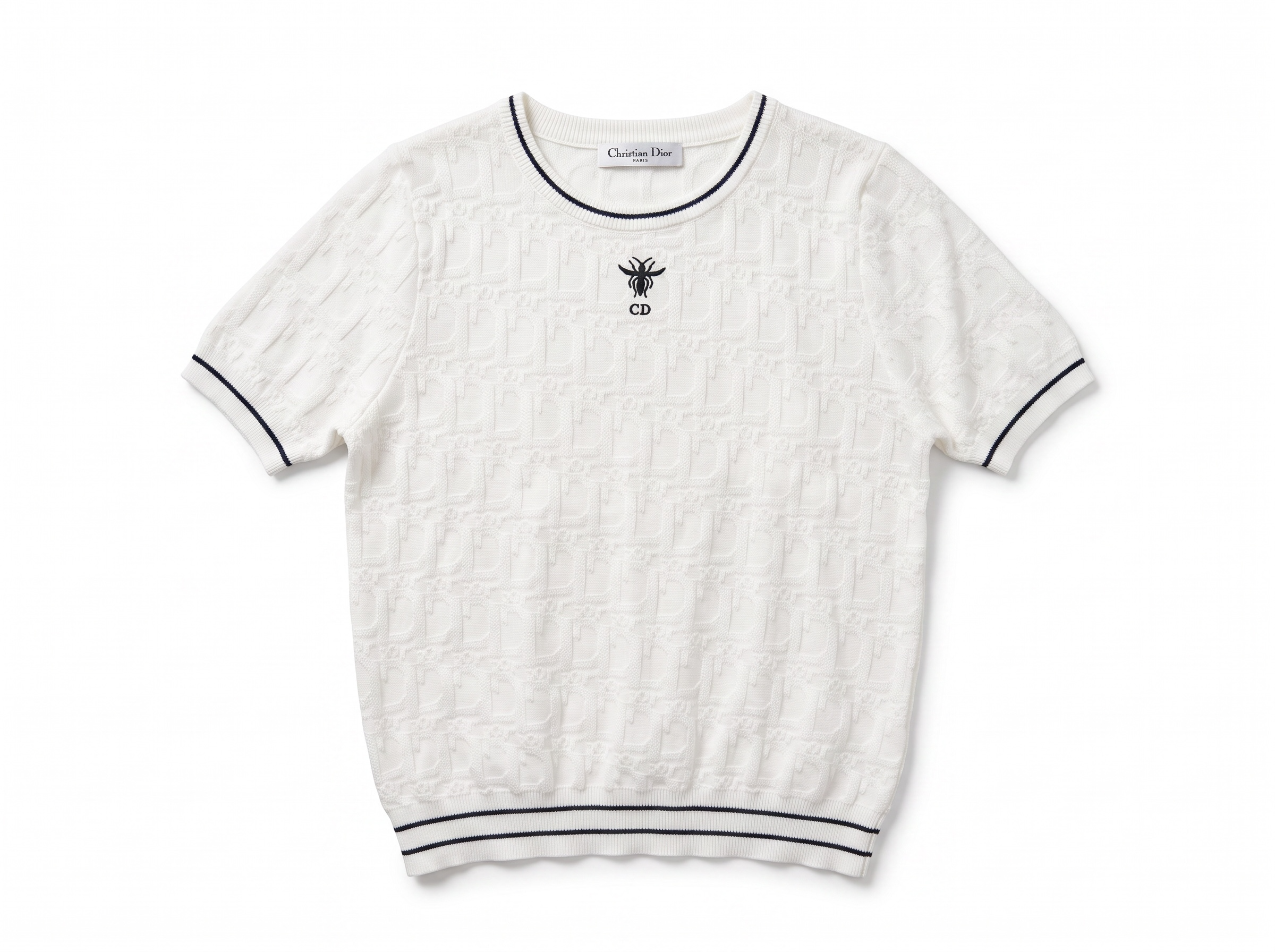 🤍 Christian Dior Textured Knit Short Sleeve Top – White ( one size)