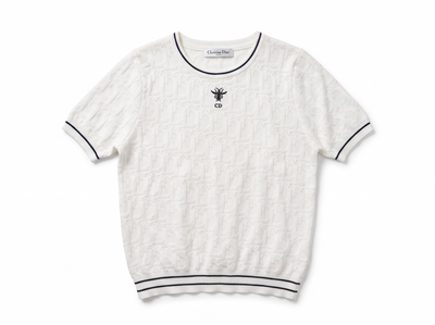 🤍 Christian Dior Textured Knit Short Sleeve Top – White ( one size)