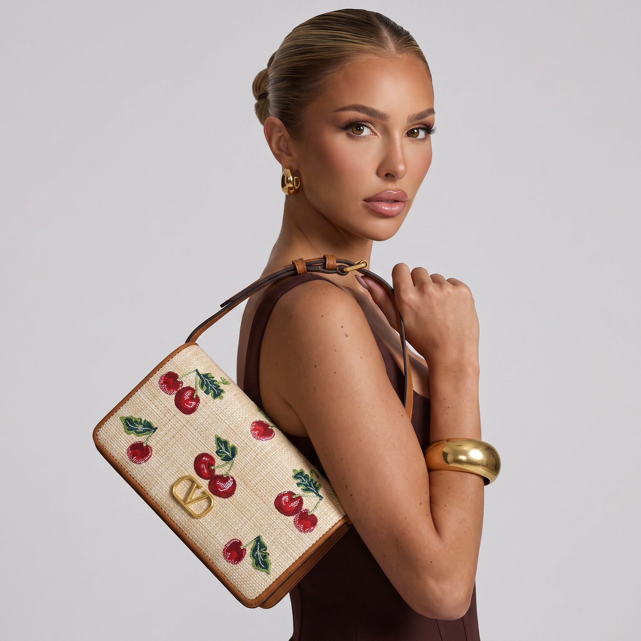 🍒 Valentino Cherry Embroidered Shoulder Bag – Ivory & Tan