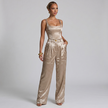 Gucci GG Monogram Satin Wide-Leg Trousers – Champagne Beige ✨🤍
