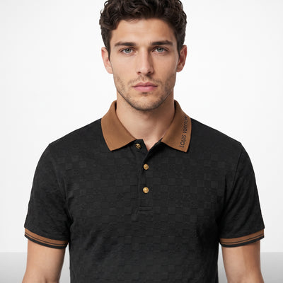 Black jacquard Louis Vuitton polo with brown collar and gold buttons