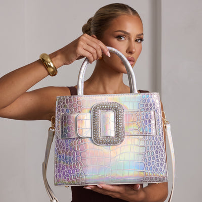 Iridescent croc-embossed tote with crystal buckle and detachable strap