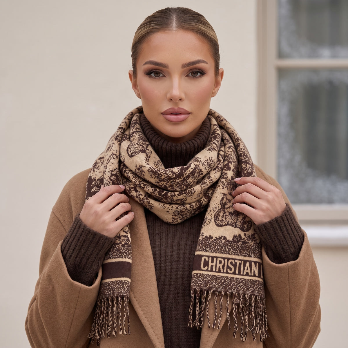 Beige and brown Dior jacquard scarf with fringe and Christian Dior logo
