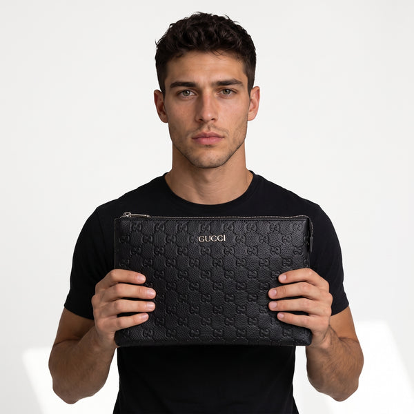 Gucci GG Pouch – Black Embossed Zip Clutch 🖤👜