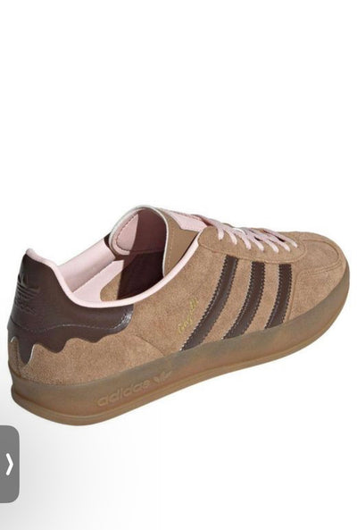 brown adidas Samba sneaker with dark brown stripes and gum sole