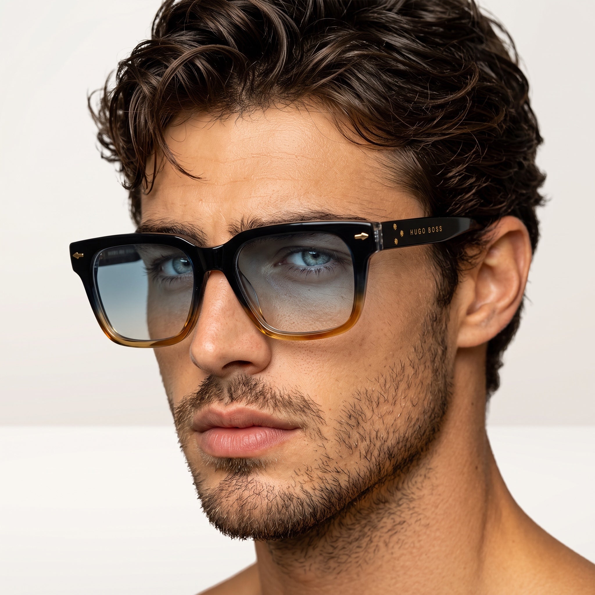 Hugo Boss black to tortoise rectangular sunglasses with gradient lenses and gold logo on temple