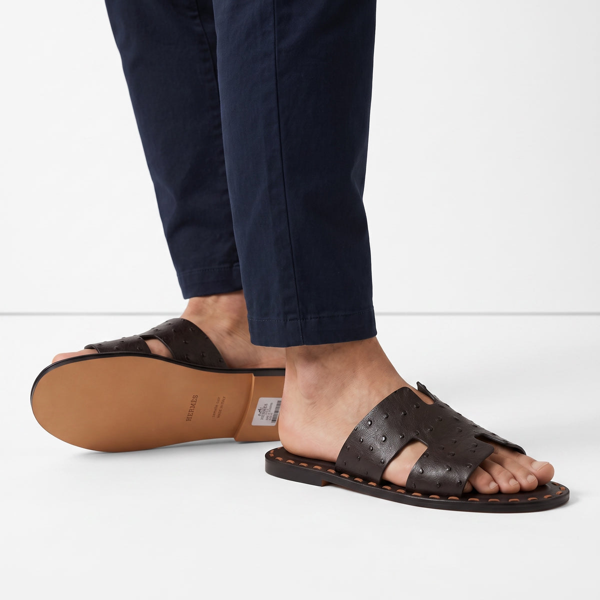 Hermès dark brown studded leather slide sandal with leather sole