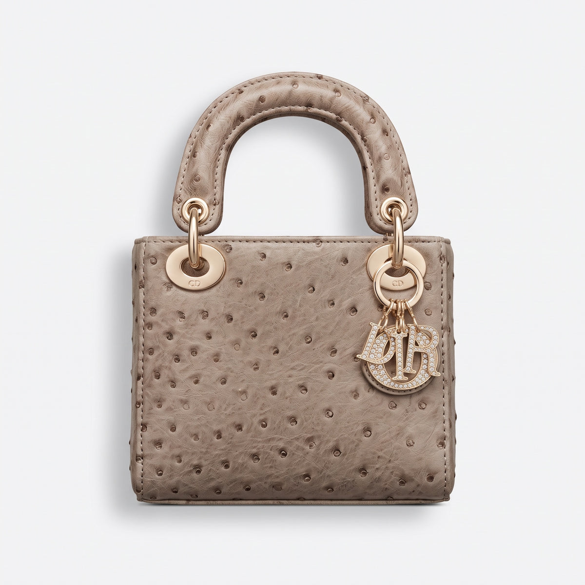 Taupe Dior Lady Dior mini top-handle tote with gold CD hardware and logo charm