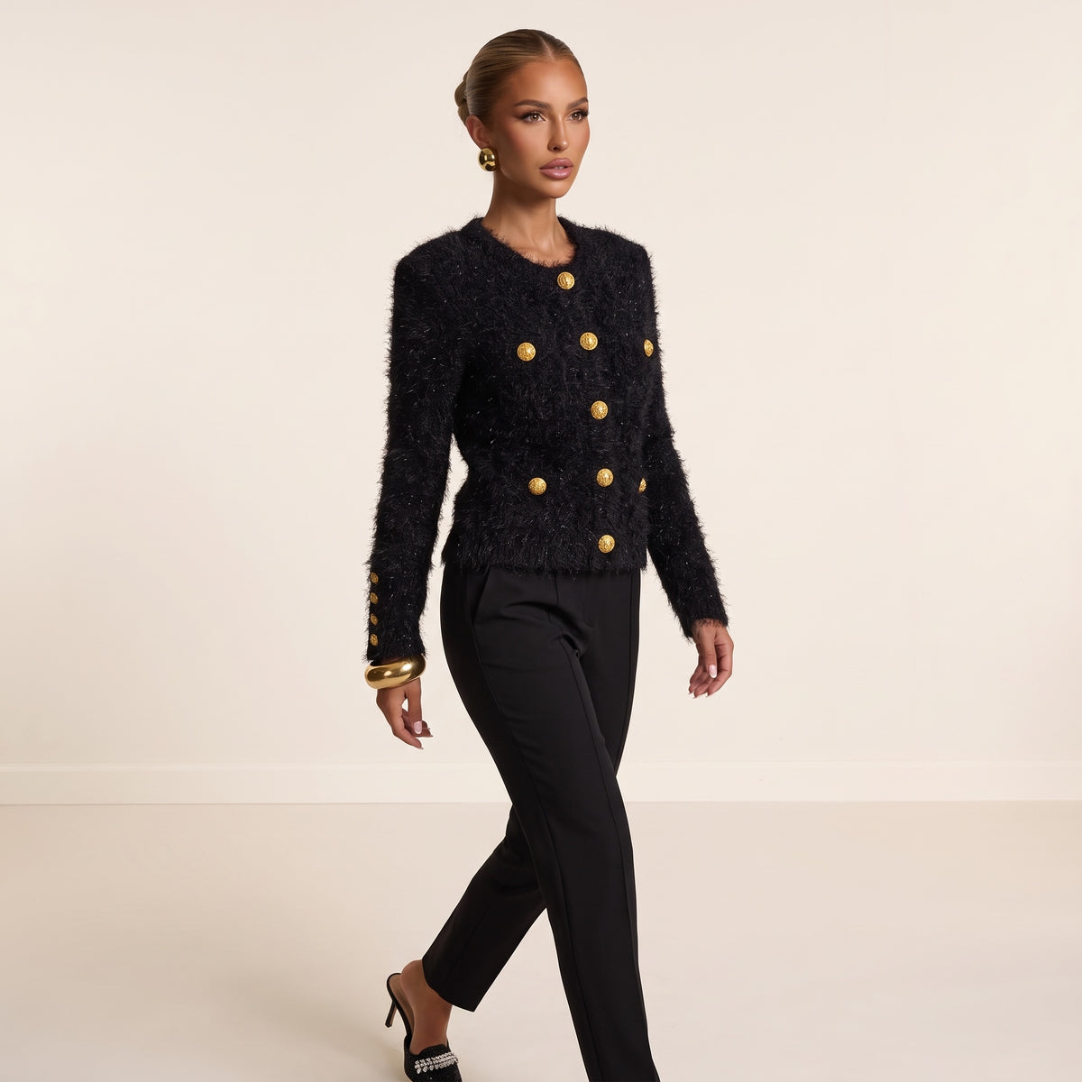Balmain cropped black textured jacket with gold buttons