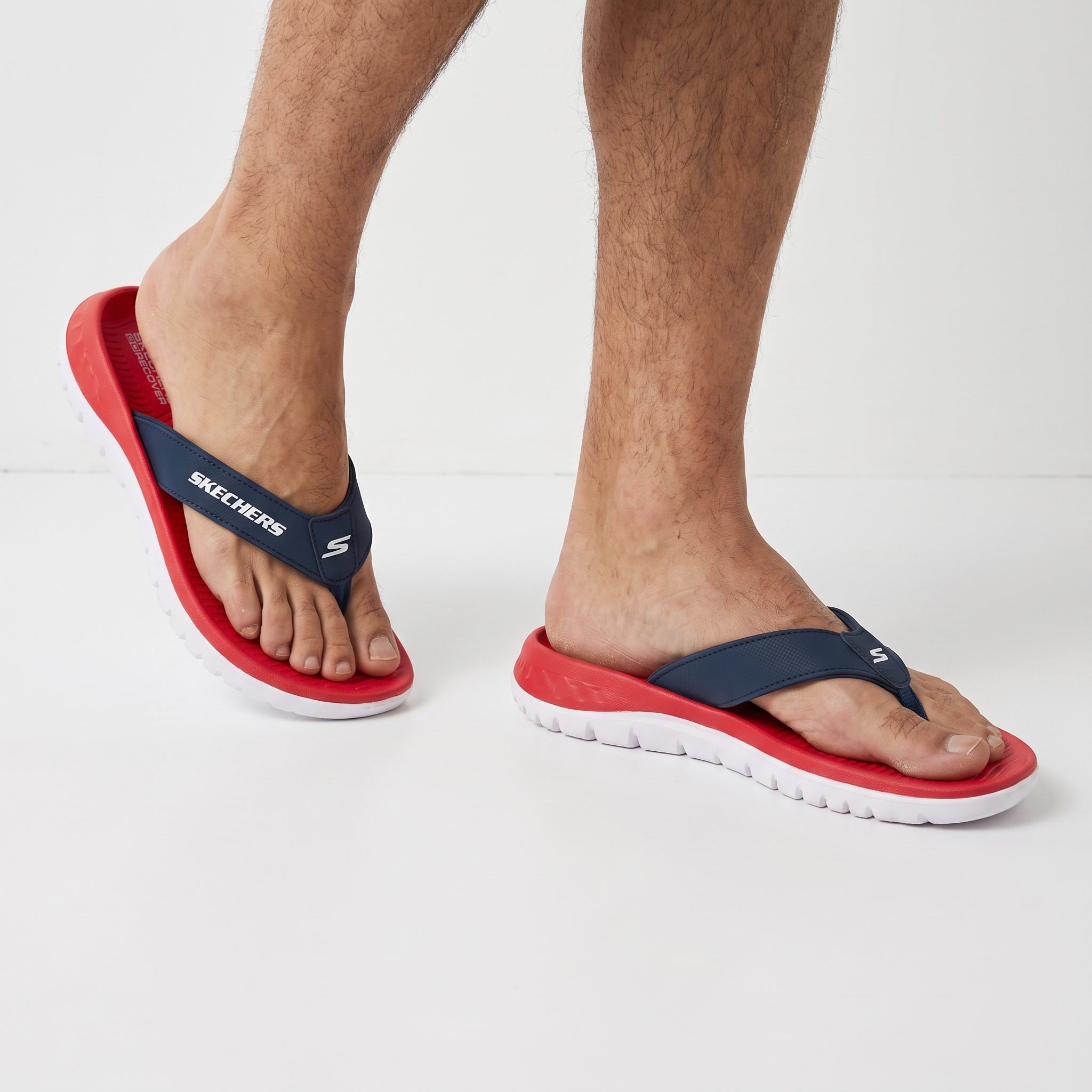 Skechers navy and red men's thong slides with white sole